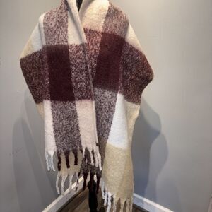 Lucky Brand Recycled Blanket Scarf Burgundy/Ivory Plaid Fringe Tassels 72"x18"‎